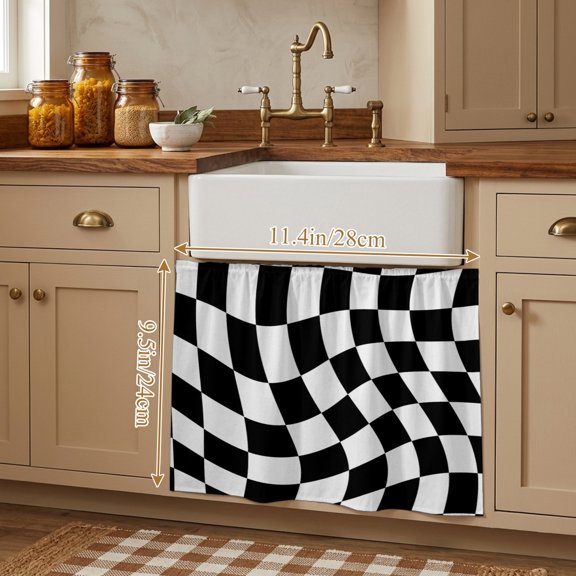 Black and White Checkered Small Cabinet Curtains 10"W x 11"L, Modern Irregular Geometric Sink Skirt Dust-Proof Short Curtain for Bathroom Vanity Storage Cubby Desk, Self Adhesive Privacy Drapes