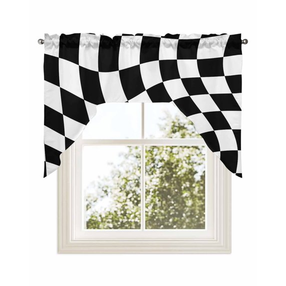 Black and White Checkered Swag Valance for Windows 56'' x 36'', Modern Irregular Geometric Light Filtering Kitchen Curtains Valances for Bathroom/Living Room/Bedroom/Café, Rod Pocket Curtain Panel