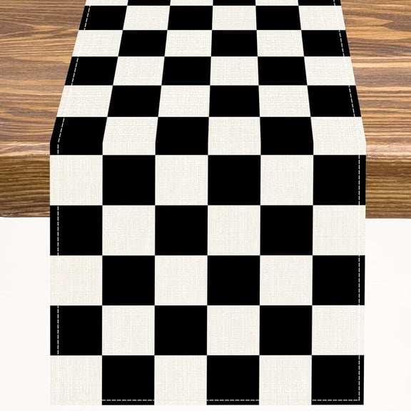 Black and White Checkered Table Runner Racing Theme Retro Checkerboard Vintage Aesthetic Kitchen Dinner Runner for Indoor Home Living Room Party Dining Table Decoration 13"x120"
