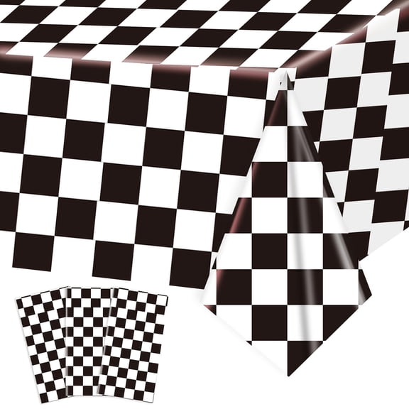 Black and White Checkered Tablecloths 3 Pack, Race Car Theme Table Cover, 54 x 108 Inch Disposable Plastic Tablecloth for Motor Racing Birthday Party Decorations, Indoor Outdoor Use