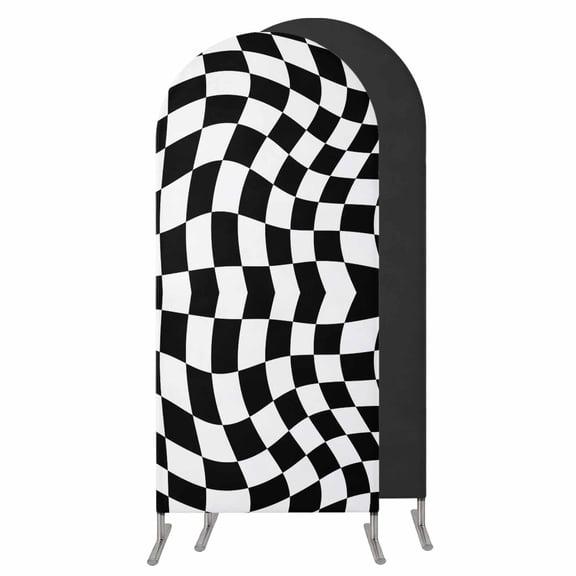 Black and White Checkered Wedding Arch Cover,Stretchy Spandex Arch Backdrop Stand Covers 4 FT,Modern Irregular Geometric Round Top Arched Backdrop Cover for Birthday Party Ceremony Baby Shower Event