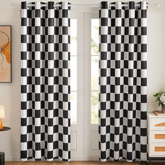 Black White Checkered Window Curtains, 100% Blackout Curtains, Darkening Curtains For Bedroom, Living Room Long Drapes 26"W x 45"L (Pack of 2)