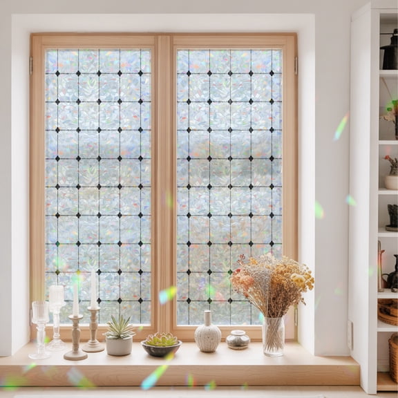 Black White Checkered Window Privacy Film Modern Minimalist Geometric Grid Lines Plaid Static Cling Stained Glass Window Film Non-Adhesive Decorative Decals Rainbow Sticker 23.6"X59"