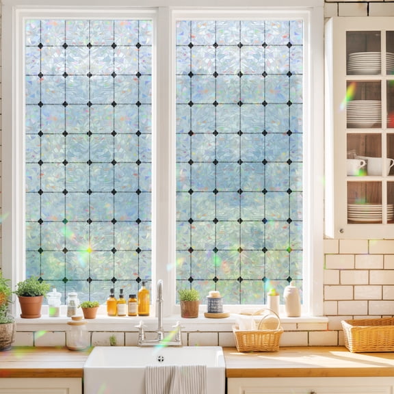 Black White Checkered Window Privacy Film Modern Minimalist Geometric Grid Lines Plaid Static Cling Stained Glass Window Film Non-Adhesive Decorative Decals Rainbow Sticker 17.7"X39.3"
