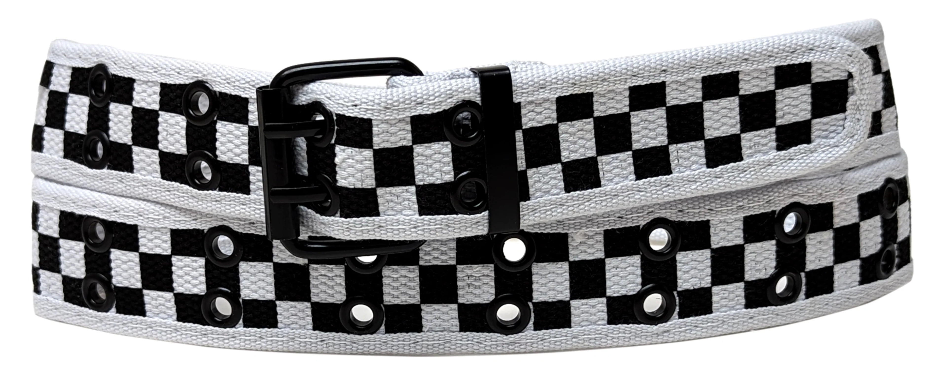 Black White Checkers 2 Holes Row Metal Grommet Stitched Canvas Fabric