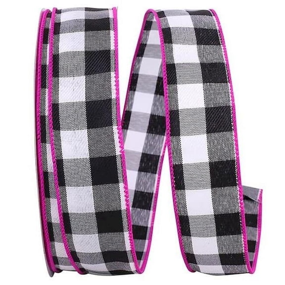 Black & White Checks with Fuchsia Trim Wired Ribbon