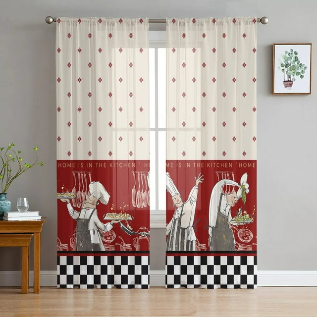 Black White Chefs Food Retro Sheer Curtain Window Tulle Lace Curtains Living Room Valance Curtain Tulle Panels Chiffon Drapes
