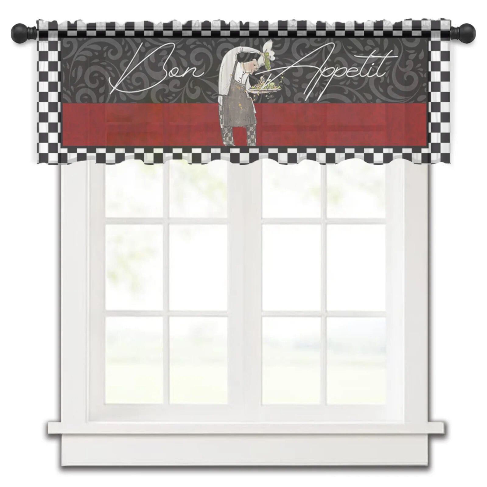 Black White Chefs Retro Texture Small Window Curtain Valance Sheer