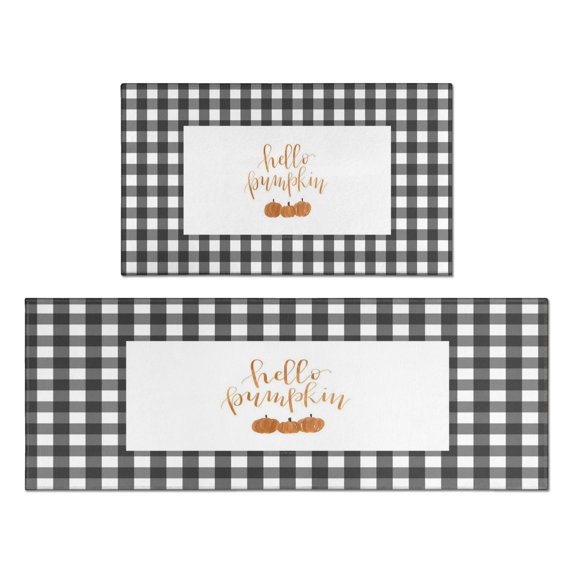 Black and White Chequered Text Rugs and Mats Non Skid Washable Absorbent Microfiber Soft Kitchen Mat for Floor Set Of 2 Decor Stain Resistant 17"x47"+17"x30"