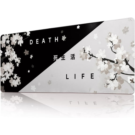Black and White Cherry Blossom Gaming Mouse Pad, Anime Large Mouse Pad Extended with Stitched Edges, 3mm Non-Slip Rubber Base for Home Office 31.5 x 11.8 Inch, Black and White