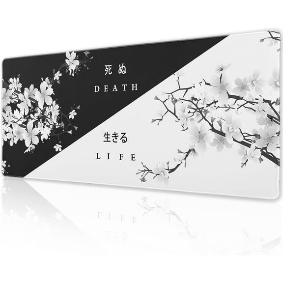Black White Cherry Blossom Gaming Mouse Pad XL 31.5×11.8 in Japanese Sakura Life Death Floral Extended Mousepad 30X80cm with Non-Slip Rubber Base Stitched Edge Large Desk Mat for Gamer Office Home