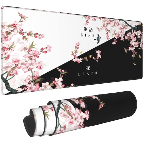 Black and White Cherry Blossom Gaming Mouse Pad XL，Extended Large Mouse Mat Desk Pad,Japanese Pink Sakura Death Life Long Non Slip Rubber Base Mice Pad 31.5 X 11.8 Inch