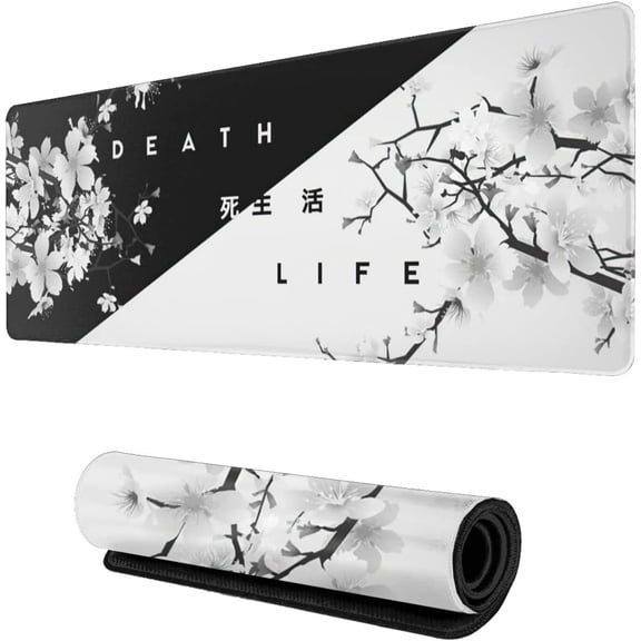 Black and White Cherry Blossom Gaming Mouse Pad XL, Extended Stitched Edges,Large Mouse Mat Desk Pad, Long Non Slip Rubber Base Mice Pad（31.5 X 11.8 Inch）