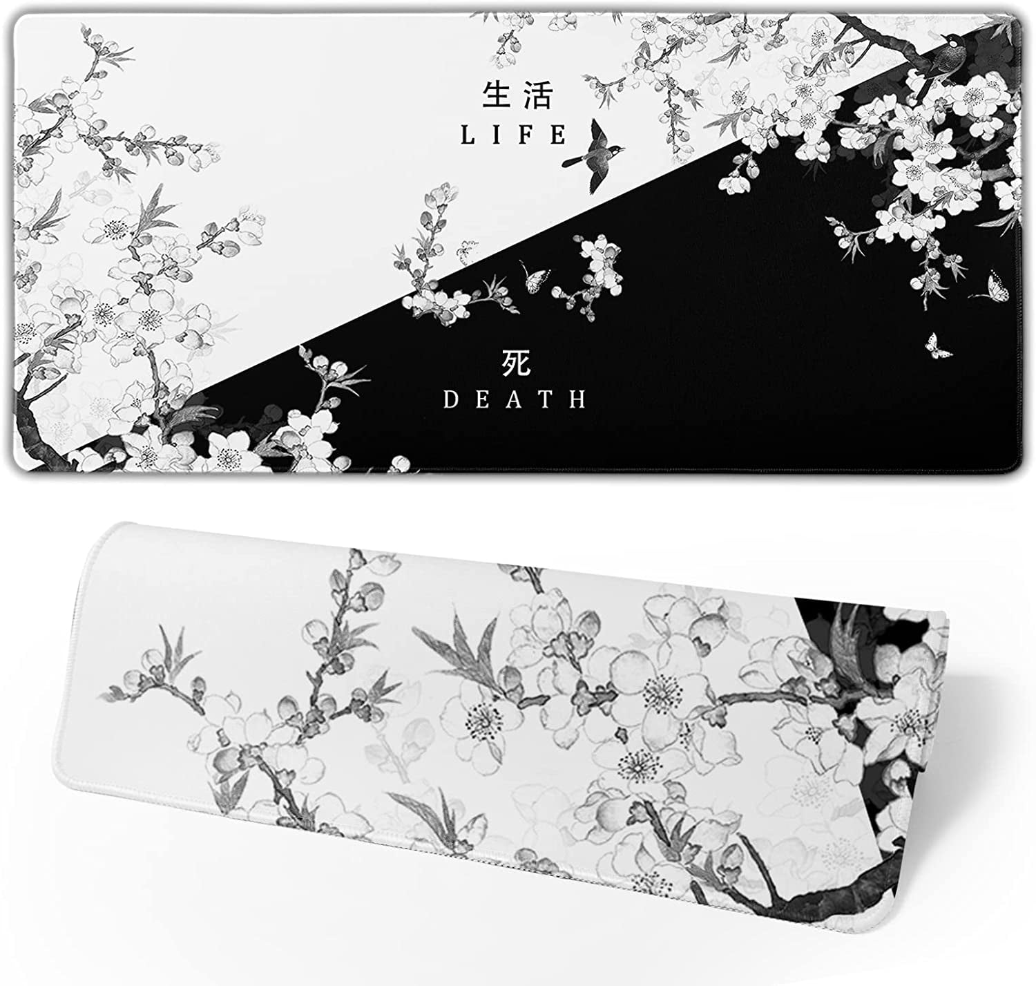 Black and White Cherry Blossom Gaming Mouse Pad XL，Large