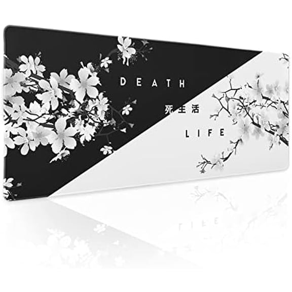 Black White Cherry Blossom Mouse Pad Japanese Sakura Death Life Extended Desk Mat 80X30 cm Non-Slip Rubber Base Stitched Edge Large XL Playmat for Gaming Laptop Computer PC Desktop,31.5×11.8 Inch