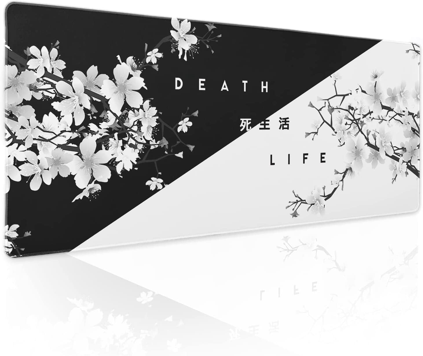 Black White Cherry Blossom Mouse Pad Japanese Sakura Death Life Extended Desk Mat 80X30 cm Non-Slip Rubber Base Stitched Edge Large XL Playmat for Gaming Laptop Computer PC Desktop,31.5×11.8 Inch