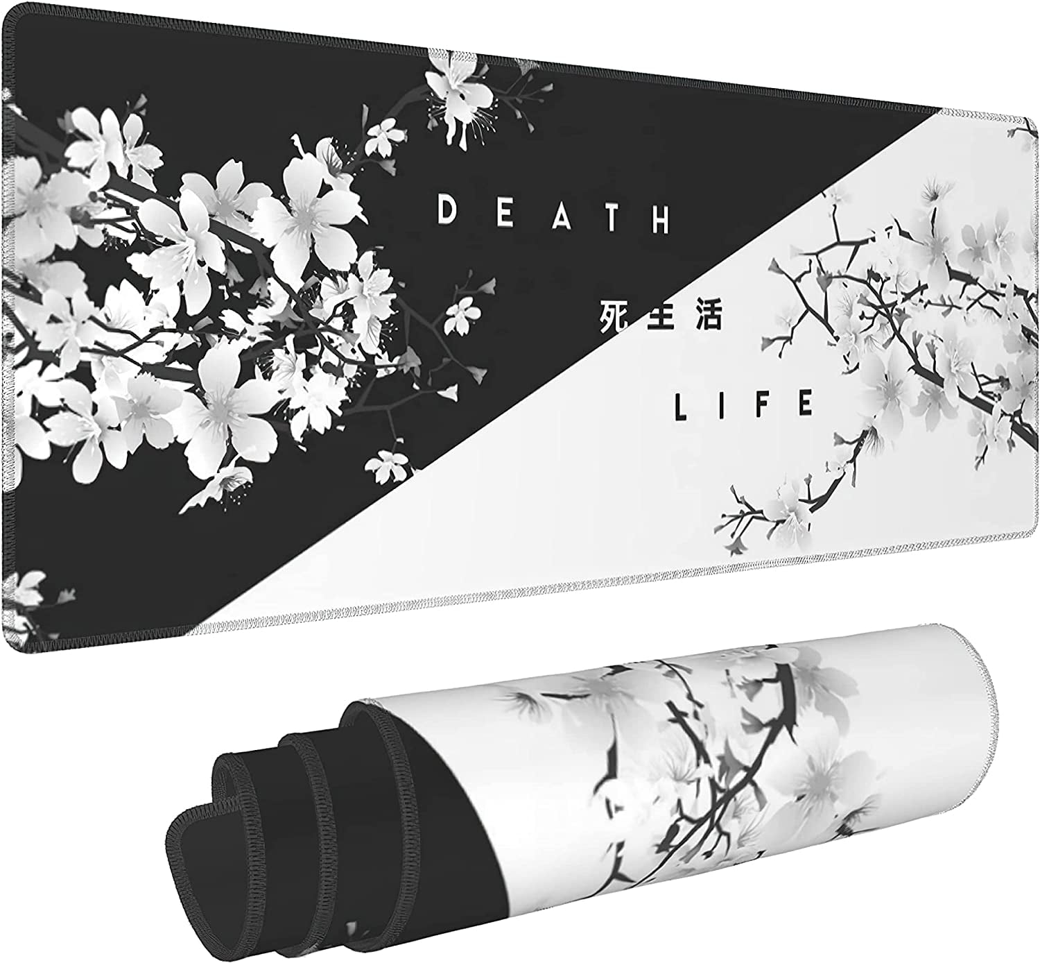 Black White Cherry Blossom Mouse Pad Japanese Sakura Death Life Extended Desk Mat 80X30 cm Non-Slip Rubber Base Stitched Edge Large XL Playmat&nbsp;for Gaming Laptop Computer PC Desktop,31.5×11.8 Inch