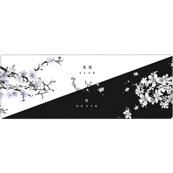 Black White Cherry Blossom Mouse Pad Japanese Sakura Death Life Flower Extended Desk Mat 80X30 cm Non-Slip Rubber Base Stitched Edge Large XL Playmat for Keyboard Gaming Laptop Desktop,31.5×11.8 Inch