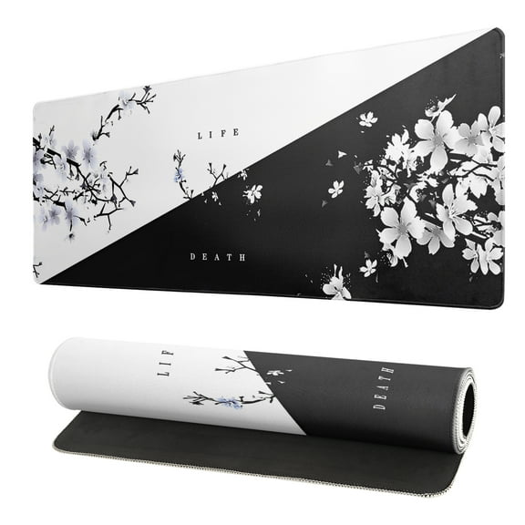 Black White Cherry Blossoms Mouse Pad Japanese Sakura Desk Mat 80X30cm Non-Slip Rubber Base Stitched Edge Large Play Mat For Keyboard Gaming Laptop Desktop,31.5×11.8 Inch