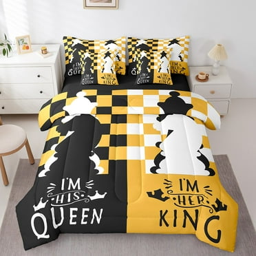 Black White Chess Bed In A Bag 7 Piece Yellow Checkered Twin Bedding Set Queen And King Comforter Set For Couple Lovers,His And Hers Valentine'S Day Gifts Sheet Set With Comforter
