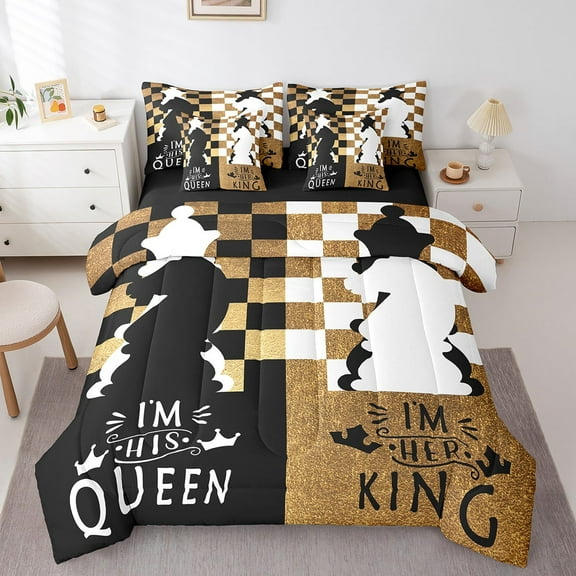 Black White Chess Bedding Set 7 Piece Gold Checkered Queen Comforter Set For Adults Men,Queen And King Couple Bed In A Bag,His And Hers Valentine'S Day Gifts Sheet Set With Comforter