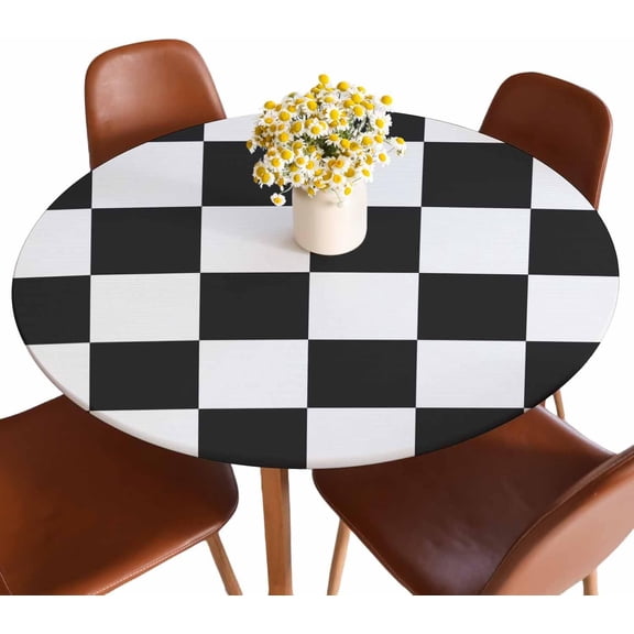 Black White Chess Board Tablecloth Round Grids Chess Boards Planes Abstract Waterproof Wipeable Table Cloth Cover Table Pad Cover for Dining Room Fitted Table 40-44 inch