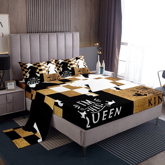 Black White Chess Sheet Set Queen,Gold Checkered Bed Sheets For Adults Men,Queen And King Couple Bedding,His And Hers Valentine'S Day Gifts 1 Fitted Sheet 1 Flat Sheet 2 Pillow Cases