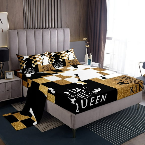 Black White Chess Sheet Set Queen,Gold Checkered Bed Sheets For Adults Men,Queen And King Couple Bedding,His And Hers Valentine'S Day Gifts 1 Fitted Sheet 1 Flat Sheet 2 Pillow Cases