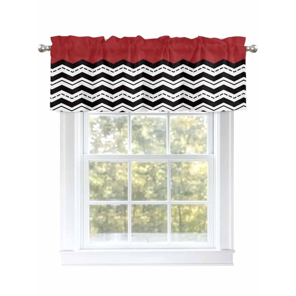 Black White Chevron Curtain Valances for Windows, Geometric Red Sea Wavy Striped Kitchen Valance Window Treatment, Light Filtering Block Curtains for Bathroom/Bedroom/Living Room 42'' x 12''