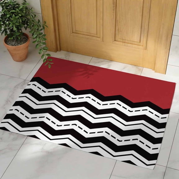 Black White Chevron Door Mat, Non Slip Bathroom Rugs, Geometric Red Sea Wavy Striped Absorbent Floor Mats, Washable Runner Rug Indoor Doormat for Front Door Entrance, Patio, Garage 16"x24"