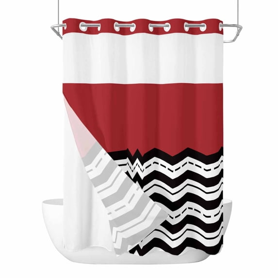 Black White Chevron No Hook Shower Curtain Waterproof, Bathroom Curtains with Snap in Liners and See Through Top Window, Geometric Red Sea Wavy Striped Hotel Style Bathtub Curtains Shower 72"Wx84"L