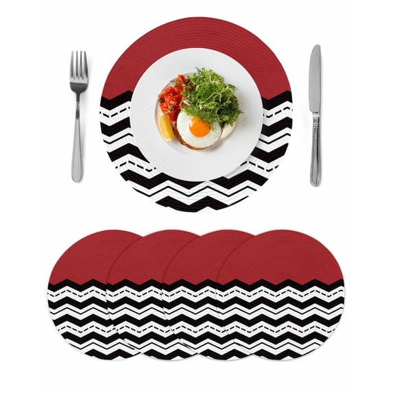 Black White Chevron Round 15 Inch Placemats Set of 4, Geometric Red Sea Wavy Striped HeatResistant Non Slip Place Mats for Dining Table, Wipeable Braided Kitchen Table Mats for Housewarming