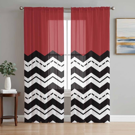 Black White Chevron Semi Sheer Window Curtains 63 Inches Long, Geometric Red Sea Wavy Striped Rod Pocket Voile Silky Chiffon Curtain Light Filtering Drapes for Living Room, Kitchen, 52"x63", 2 Panels