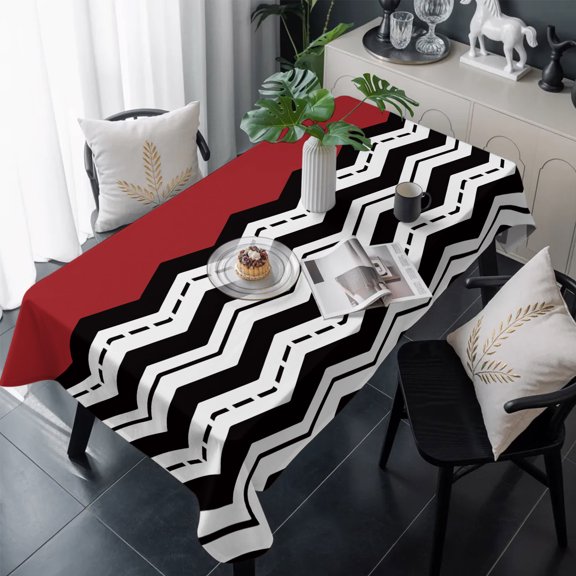 Black White Chevron Table Cloth Waterproof Tablecloths, Geometric Red Sea Wavy Striped Tablecloth Dining Table Cover for Kitchen Party Tabletop Outdoor, Rectangle Tablecloth 60x120 Inch