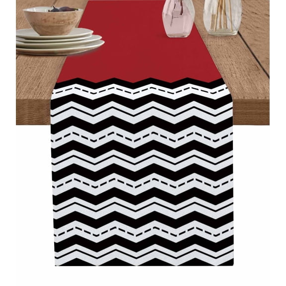 Black White Chevron Table Runner 36 Inches, Geometric Red Sea Wavy Striped Bed Runner Dresser Scarves Tabletop for Indoor Outdoor Parties/Ceremony/Banquet, 13"x 36"