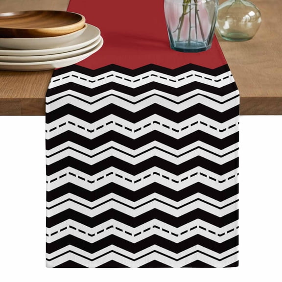 Black White Chevron Table Runner, Geometric Red Sea Wavy Striped Washable Cotton Linen Table Runners 36 Inches Long, Dresser Scarf Runner for Nightstand/End Tables/Round Tables 13''x36''