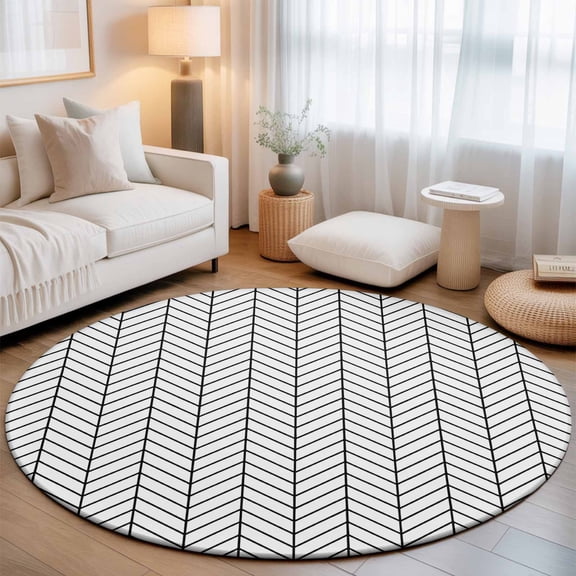 Black White Chevron Texture Round Rug 5ft Modern Minimalist Geometric Art Washable Area Rugs for Living Room Bedroom Entryway Non Slip Entrance Door Mat Indoor Floor Carpet