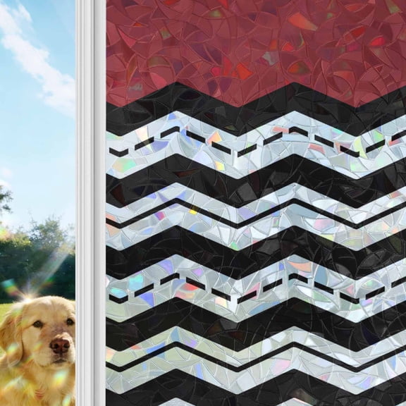 Black White Chevron Window Privacy Film Stain Glass,Reusable Decorative Rainbow Window Film,Geometric Red Sea Wavy Striped Static Cling Sun Blocking Stickers Decals Covers 17.7" x 78.7" (2pcs)