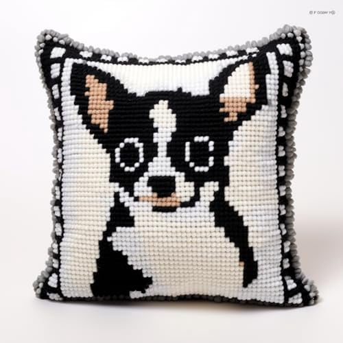 Black and White Chihuahua Latch Hook Pillow Kits for Beginner Needle Crochet Yarn Kits with Stamped Canvas Embroidery Cushion DIY Hook and Latch Throw Pillow Sofa Decoration 43x43cm(1)