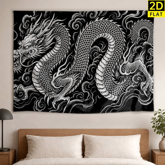 Black and White Chinese Dragon Cloud Wall tapestry, Large size Printed Horizontal Tapestry blanket, Polyester Fabric Wall Hanging for bedroom, living room, Gift for Family and Friends