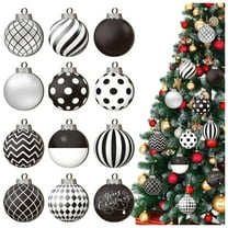 Black and White Christmas Ball Ornaments 12 Pcs 2.36 Inch Wooden 2D Xmas Decorations with Checkered Stripe Dot Patterns for Farmhouse Holiday Tree Party Events Wreath Decor