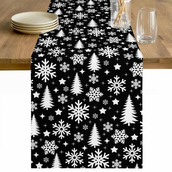 Black White Christmas Table Runner 108 Inches Long Farmhouse Dress Scarves, Xmas Tree Snowflake Winter Abstract Dining Tablerunner for Coffee Table/Kitchen Island/Party Décor, 13" x 108"