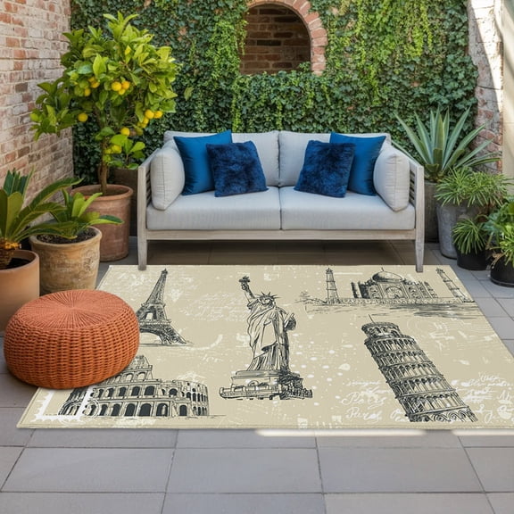 Black White City Indoor Outdoor Rugs 3x5 Ft, Modern Black Architecture Khaki Outdoor Patio Rugs Mat Washable Outside Area Rugs Carpet for Porch Deck RV Camping Pool Balcony Backyard