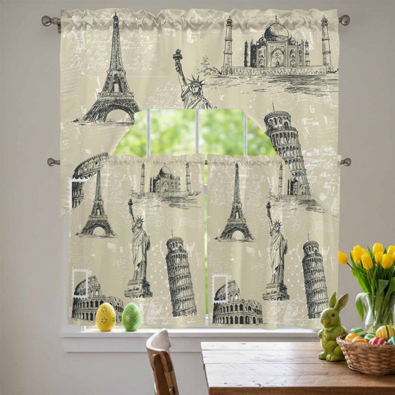 Black White City Swag Curtains Valance & Tier Set, Modern Black Architecture Khaki 3 Pcs Set Kitchen Swag Valances and Tiers 36 Inch Length Rod Pocket Curtain Drapes for Bedroom