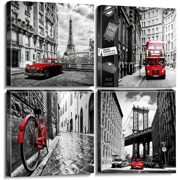 Black and White City Wall Art for Living Room Red Wall Decor Bathroom Pictures London Italy Paris New York Cityscape Canvas Prints Framed Artworks Kitchen Bedroom Office Home Decorations 16×16" 4 Pcs