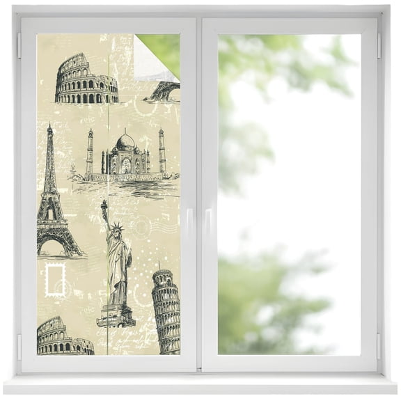 Black White City Window Privacy Film, Modern Black Architecture Khaki Frosted Glass Window Clings Static Cling UV Heat Blocking Reusable Door Sticker for Bathroom 19.6 x 39.3 Inch