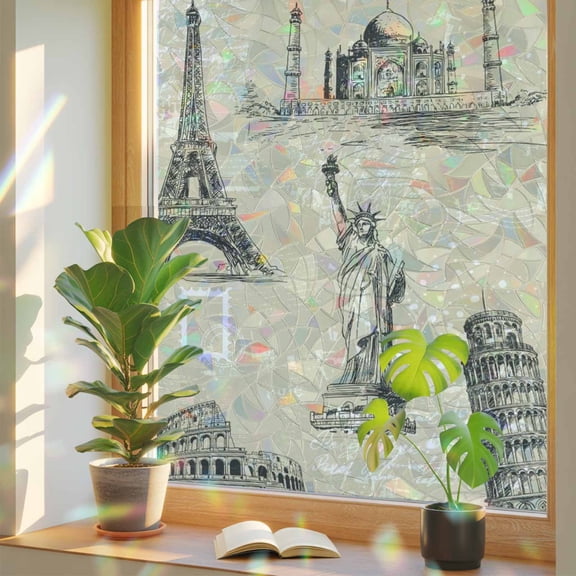 Black White City Window Privacy Film, Modern Black Architecture Khaki Stained Glass Rainbow Film Decorative Window Clings, Static Cling Sun Blocking Stickers 19.6" x 39.3"