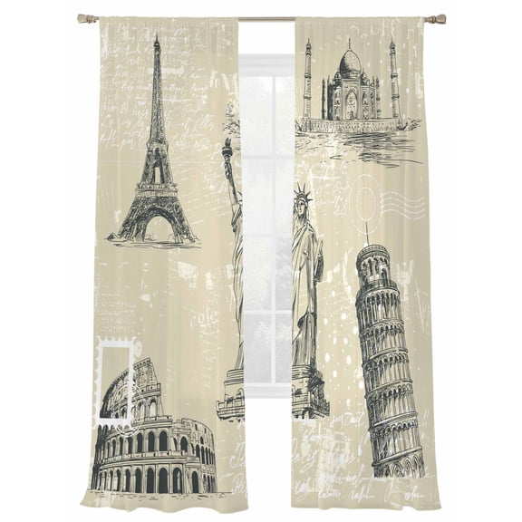 Black White City Window Sheer Curtain Modern Black Architecture Khaki Semi Curtain Sheers Light Filtering Rod Pocket Voile Drapes for Bedroom Kitchen Living Room 52 X 108 Inch, 2 Panels
