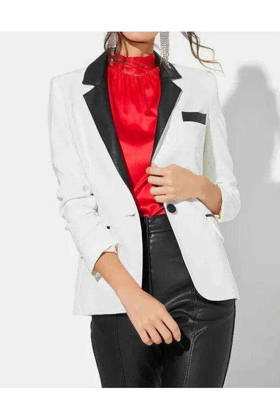 Black & White Classic Button Stylish Party Genuine Lambskin Leather Women Blazer