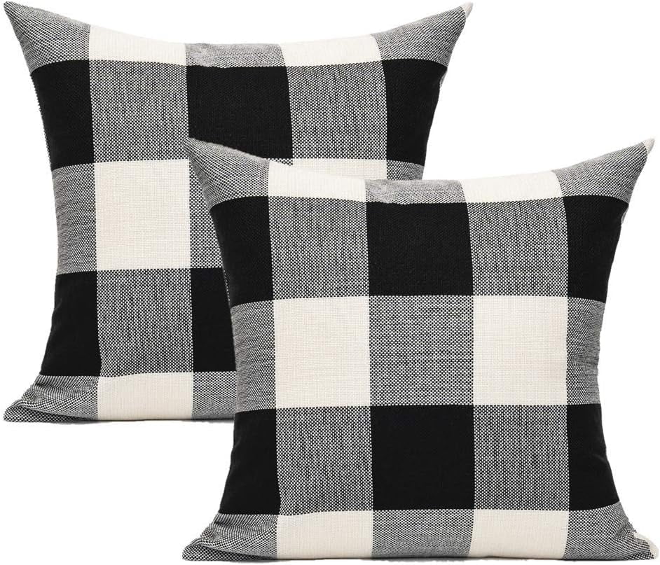 Black and White Buffalo Plaid Polyester Throw Pillow Covers, 18x18, Set of 2